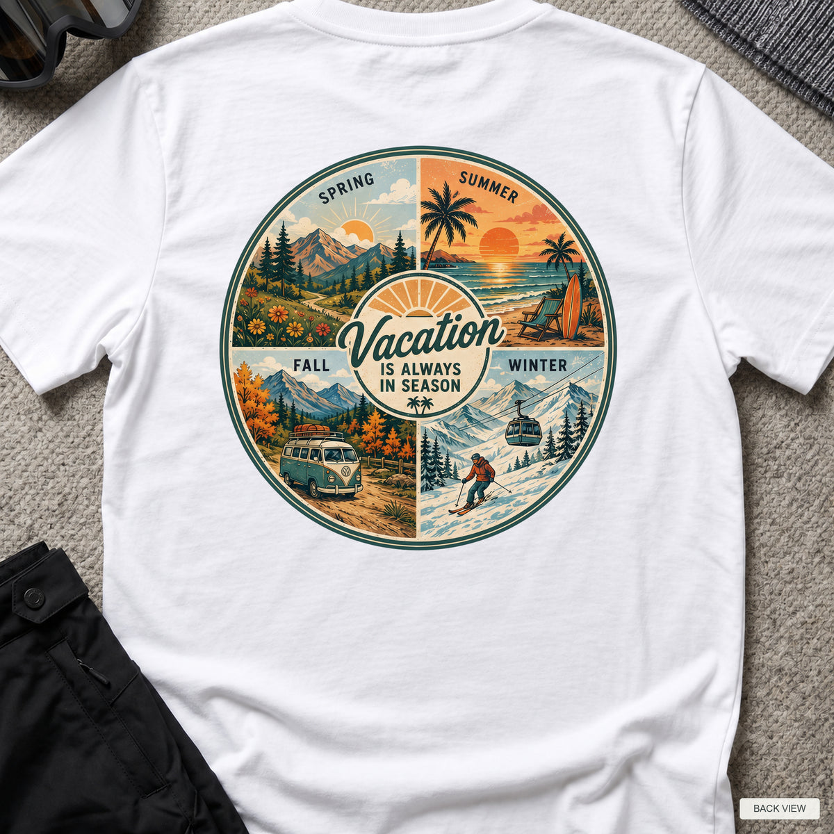 Vacation is Always in Season T-Shirt in White, back view showing the printed rear design on a flat-laid T-shirt.